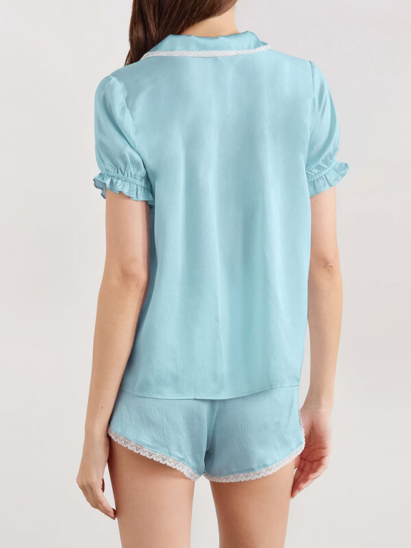 Hiloc chique bordado pijamas para mulher define babados mangas sleepwear rendas emenda fenda shorts terno feminino 2022 verão azul