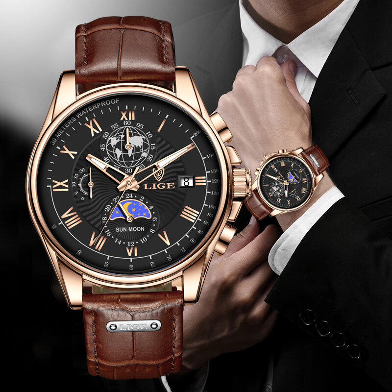 LIGE Big Dial Leather Army Mens orologi Luxury Sport orologio impermeabile uomo cronografo orologi da polso al quarzo Montre Homme + Box