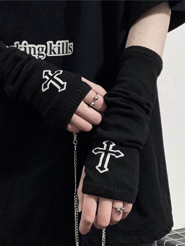 AltGoth Harajuku Gothic Punk Oversleeve Women Streetwear Vintage Grunge Emo Alt Cross Printed Half Finger Glove Sleeve Unisex