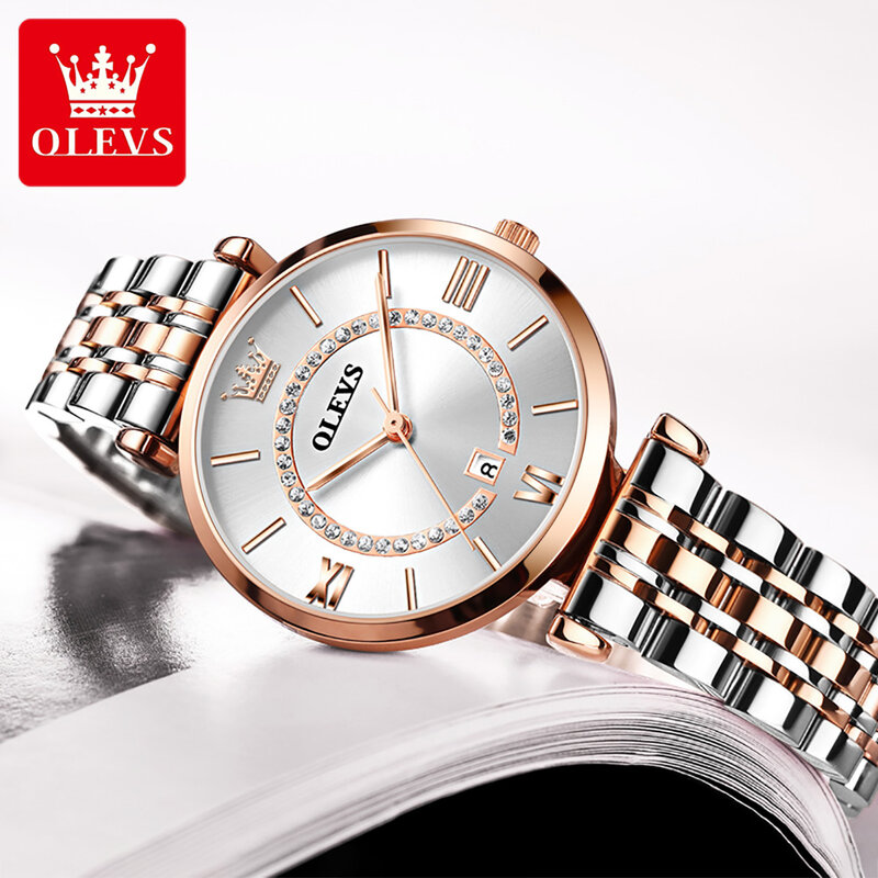Olevs gypsophila alta qualidade quartzo mulher relógios de pulso cinta aço inoxidável à prova dwaterproof água relógios de moda para mulher calendário