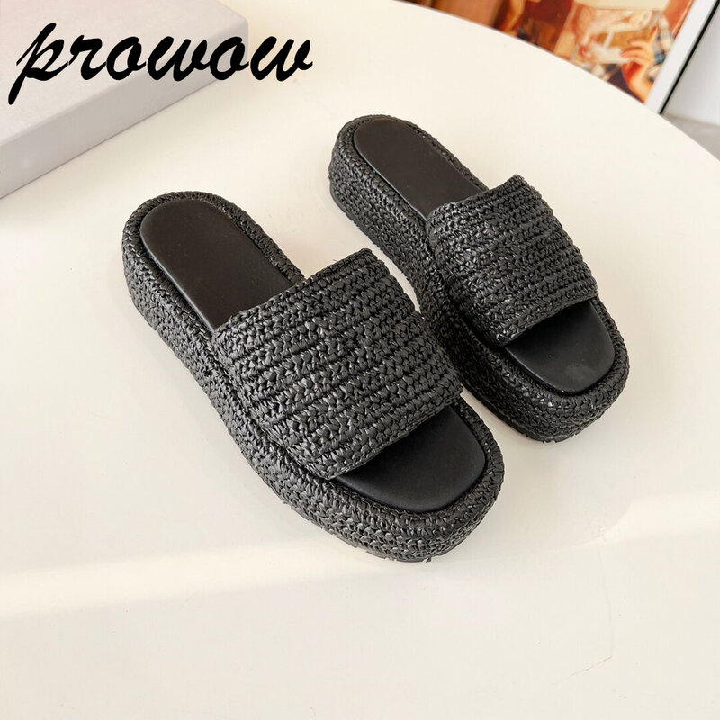 Prowow New Brown Khaki Knitted Slippers Summer Open Toe Platform Comfortable Flats Sandals Shoes Women