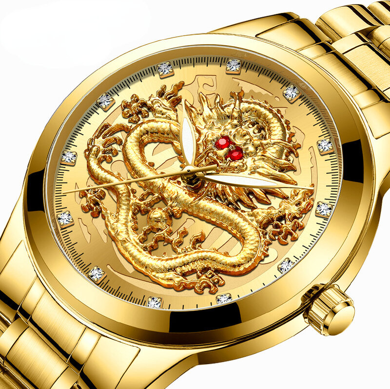Ouro em relevo dragão masculino à prova dwaterproof água relógio não mecânico diamante incrustado rubi dragão face moda negócio relógio de quartzo