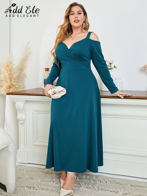 Add Elegant Plus Size Dress Women 2022 Autumn Gentle Casual Off the Shoulder Design V-Neck Long Sleeve Loose Clothing B911