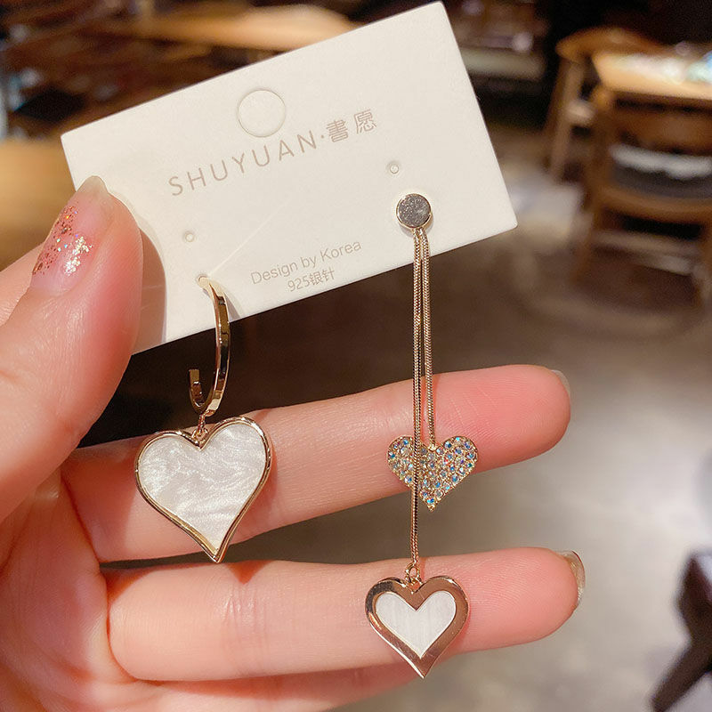 S925 prata agulha diamante concha amor assimétrico brincos feminino coreano novos brincos para mulher 2022