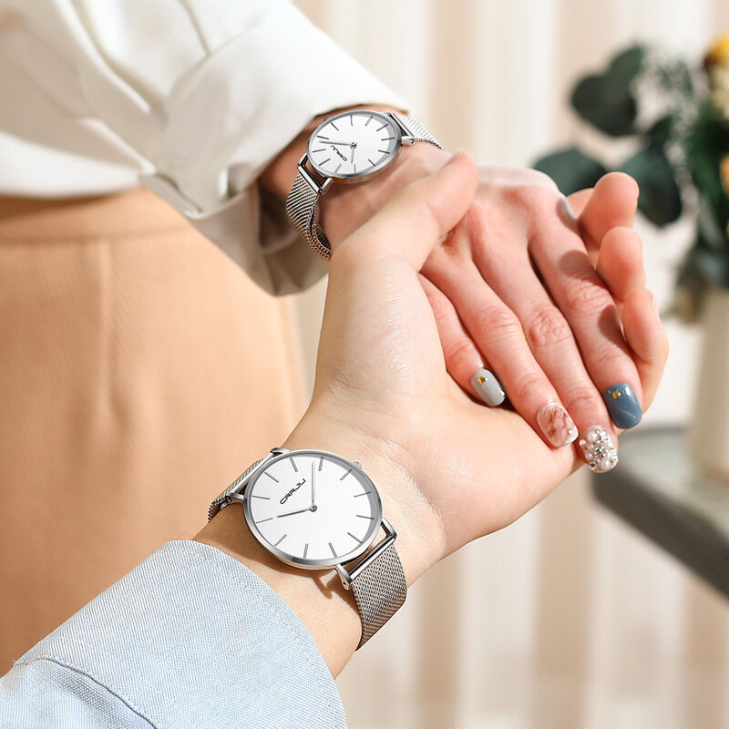 CRRJU คู่นาฬิกาผู้ชายแฟชั่น Quartz ผู้หญิงนาฬิกาสแตนเลสสตีลสร้อยข้อมือนาฬิกาข้อมือนาฬิกาสุภาพสต...
