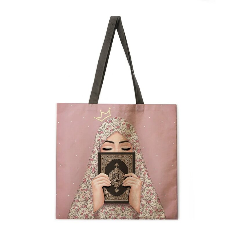 Многоразовая сумка для покупок с принтом Исламской девушки, женская сумка на плечо, Льняная сумка, пляжная сумка для улицы, повседневная сум...