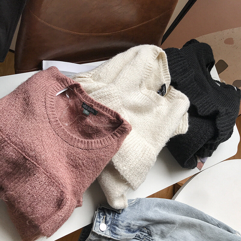 2022 Musim Gugur dan Musim Dingin Baru Tiga Belas Garis Warna Solid Dasar Kepribadian Hangat Sastra Bottomed Lengan Panjang Rajutan Sweater Wanita