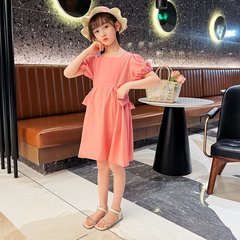 Gaun Musim Panas Rok Anak Perempuan Baru Rok Putri Lengan Gelembung Berenda Dasi Kupu-kupu Pinggang Samping Baju Anak-anak Gaun Anak-anak untuk Anak Perempuan 2- 7Y