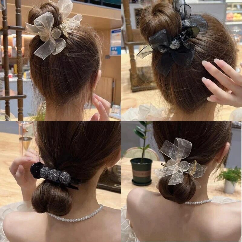Acrylic Rhinestone Bow Hair Claw Clip For Women Meatball Head Fixed Hair Styling Tools Hairpin Hair Accessories Ponytail Clip