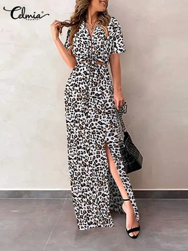 Celmia Fashion Women Short Sleeve Bandage Hem Short Top and Slit Hem Long Skirt Suits Leopard Print Holiday Dress Sets 2PCS Sets