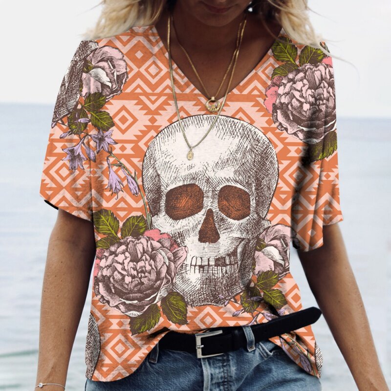 Summer 2022 New 3D Horror Skull Print Women's V-neck Top Short Sleeve T-shirt Casual Funny Harajuku Versatile Y2K Clothing S-5XL