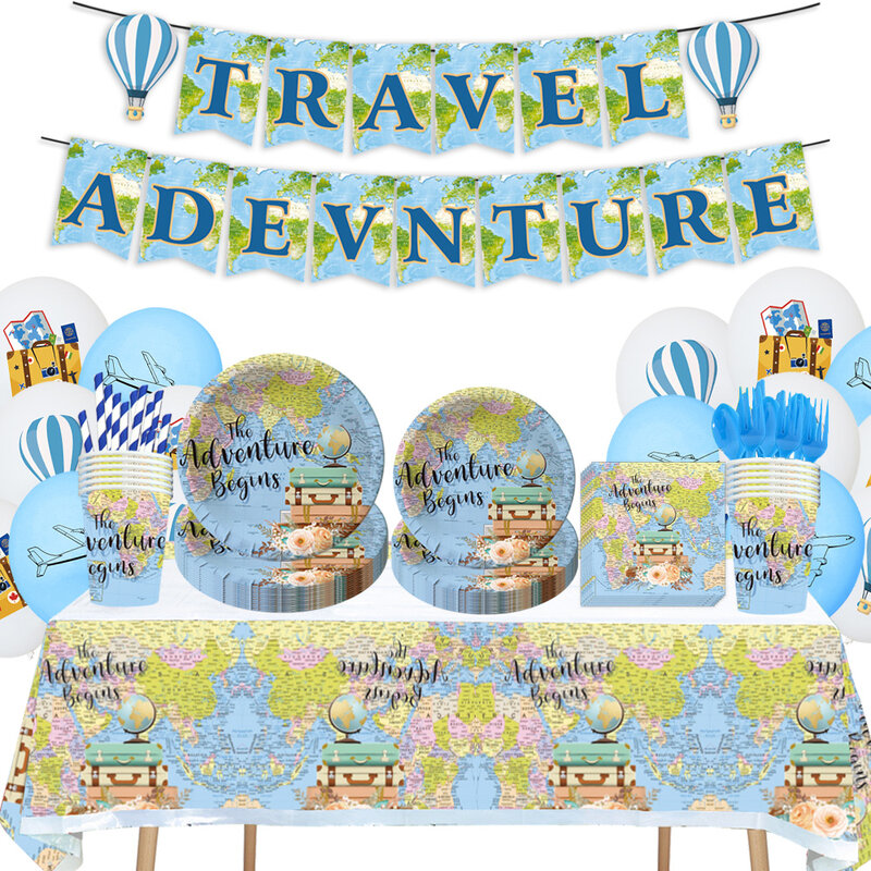Primeiro tema de viagem mundo turismo decoração definir mapa de viagem bandeira puxar bolo cartão avião balão festa de aposentadoria