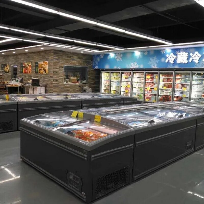 Réfrigérateur horizontal commercial de supermarché, porte en verre, crème glacée à la viande, vitrine, congélateur de poitrine