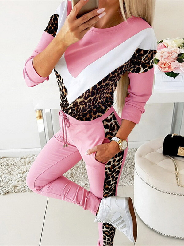 Conjunto de duas peças primavera roupas de treino feminino leopardo impresso emendamento moletom topo e calças jogging define roupas esportivas femininas