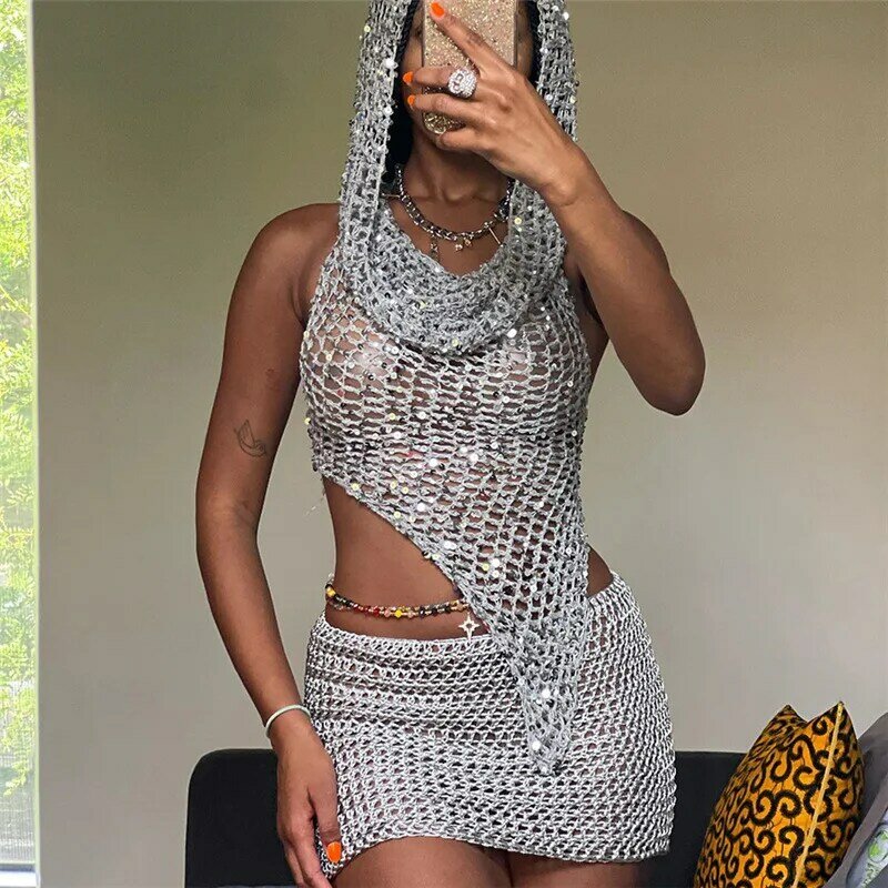 Women Lace Up Irregular Crop Top with Cap + Mini Skirts Night Club Party Outfits Sexy Knitted Sequined Hollow Out 2 Piece Set