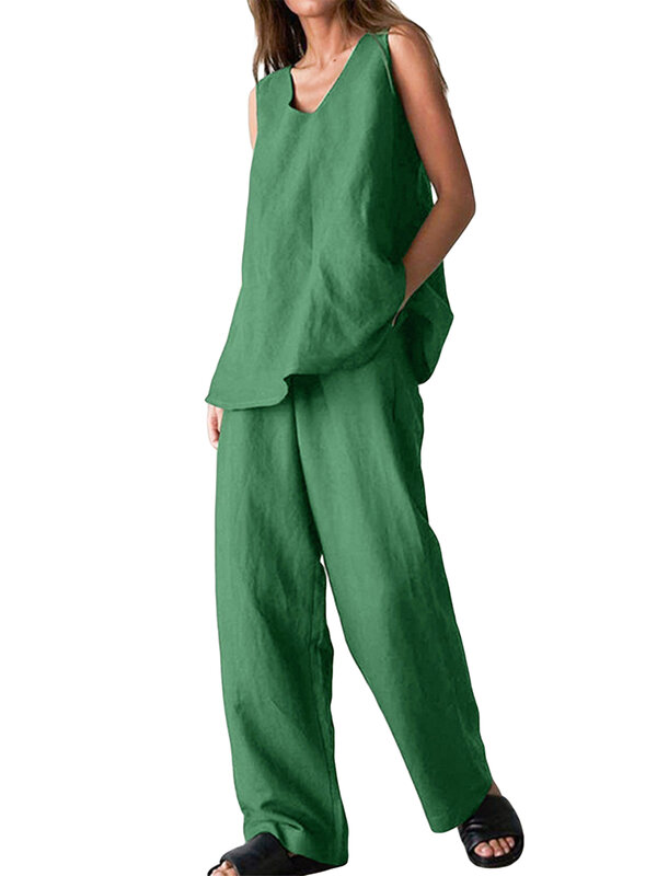 Conjunto de mono de lino para mujer, camisa de manga larga con botones y pantalones de pierna ancha, cintura con cordón, informal, verano, 2 piezas