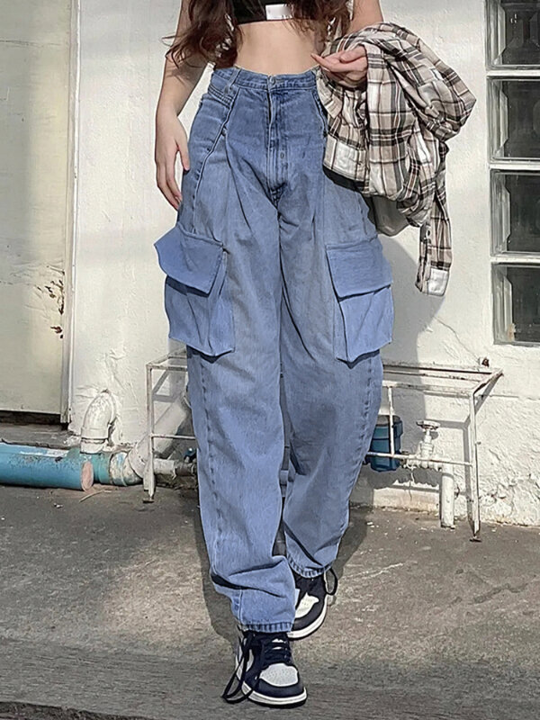 WeiYao koreański mody wysokiej talii Harem spodnie dżinsowe duże kieszenie ściegu dżinsy Cargo kobieta luźne w stylu Casual Hippie Streetwear dna