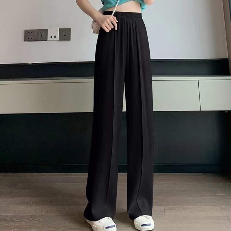 Pantalones rectos de pierna ancha para mujer, pantalón informal de cintura alta, color negro y verde, estilo coreano, novedad de primavera y verano, 2023