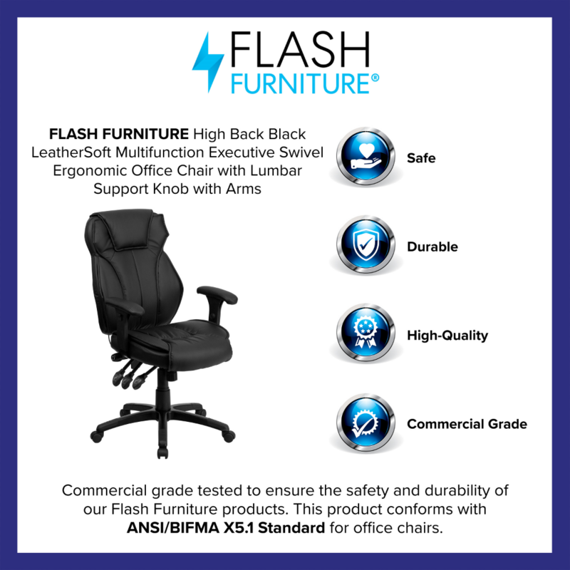 Wysokim oparciem czarny LeatherSoft wielofunkcyjny Executive obrotowe ergonomiczne krzesło biurowe z stabilizator lędźwiowy gałka z ramionami krzesło biurowe