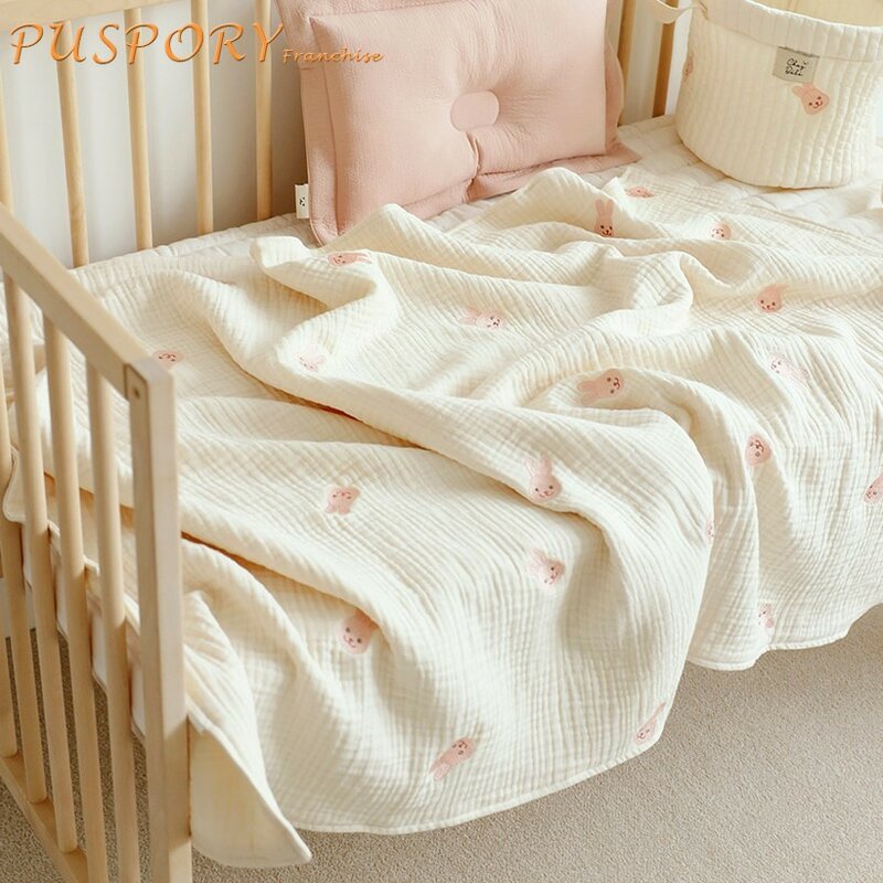 Baby Blanket Comfortable Soft 6 Layer Gauze Pure Cotton Cute Embroidery Cartoon Bear Pattern Blanket Stroller Bedding Hot Sale