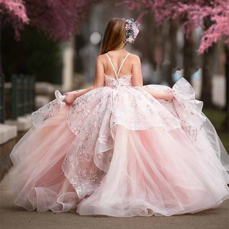 Różowa suknia balowa kwiatowe sukienki dla dziewczynek na wesele paski Spaghetti księżniczka fortepian dla dzieci wydajność luksusowe dzieci wieczór korowód