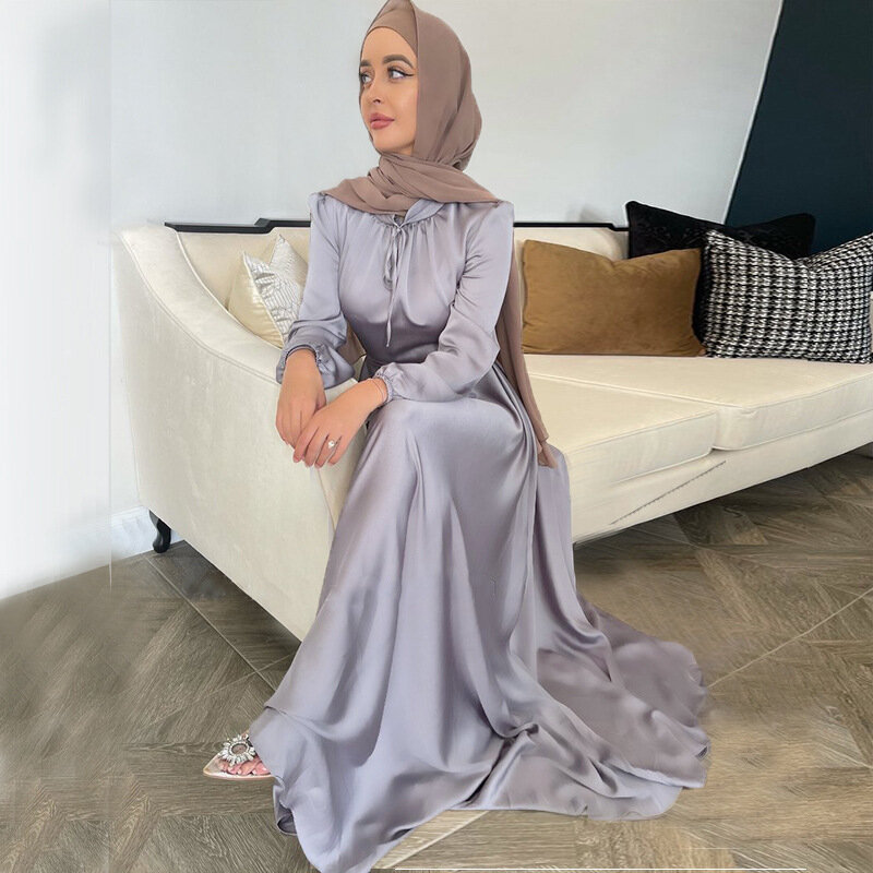 2023 Spring Summer Abaya Dubai Turkey Muslim Ramadan Satin Dress Fashion Maxi Dresses for Women Islamic Clothing Vestido Robe