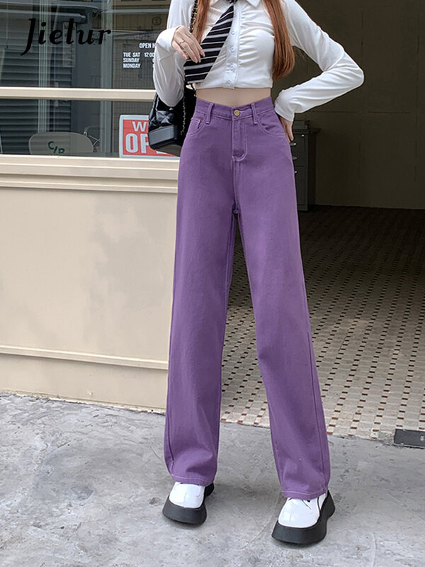 Jieur Jeans Longgar Y2K Pinggang Tinggi Wanita Musim Gugur Longgar Kaki Lebar Lurus Celana Ungu Mode Korea Celana Denim Panjang Wanita S-XL