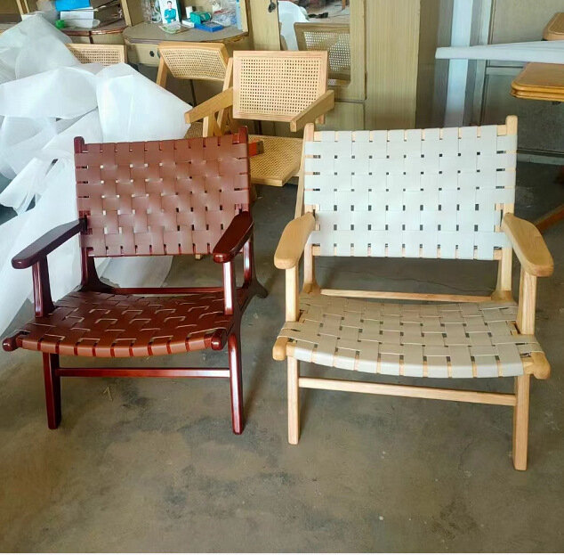Пляжное кресло в скандинавском стиле из ясеня, Тканое седло из массива дерева, кожаный диван ручной работы «сделай сам»