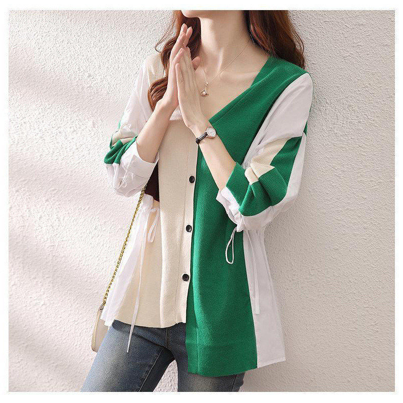 Koreański Fashion V Neck jednorzędowy kontrastowy kolor sweter dziergany kobiety jesień luźna asymetryczna bluzka Top odzież damska