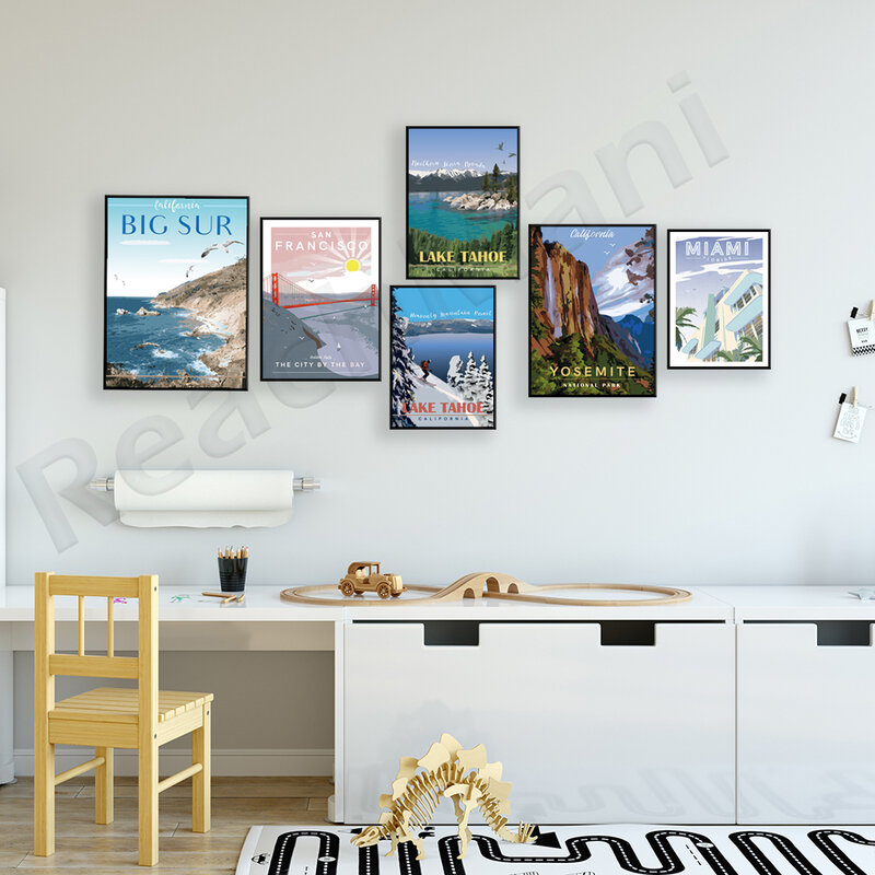 레이크 타호 파라다이스 스키 리조트, 골든 게이트 브리지 샌프란시스코, 캘리포니아, 요세미티 국립 공원, 마이애미 여행 포스터