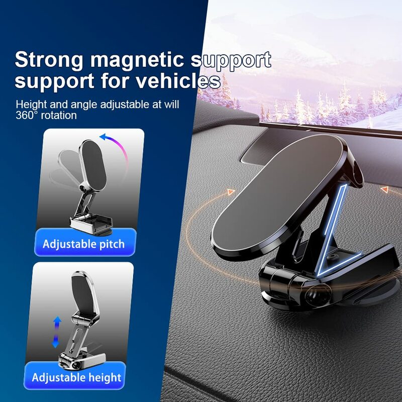 2023 New Alloy Folding Magnetic Car Phone Holder Strong Magnet 360 Rotation Universal Dashboard Mount for Smartphones Tablets