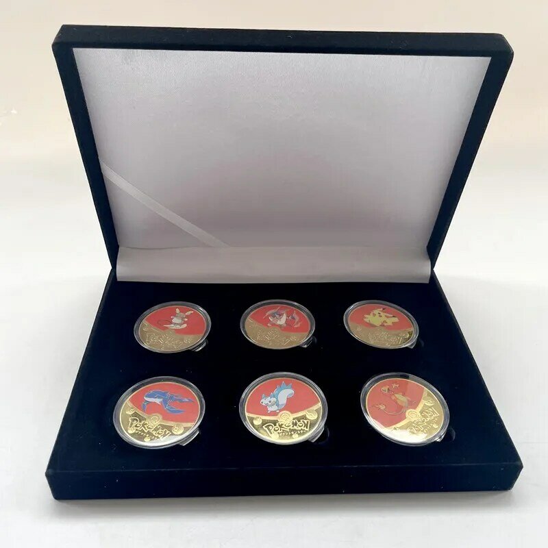 Pikachu-Monedas de Metal plateadas de Pokémon, tarjetas de Pokemon doradas, monedas conmemorativas de Anime, Charizard, monedas redondas de Metal, caja de regalo de Juguetes