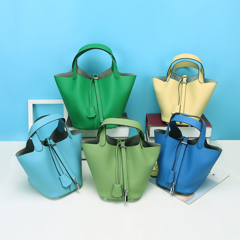 Bolso de mano con cesta de verduras para mujer, bolsa de cuero genuino con diseño de lichi dorado y plateado, a la moda, de marca de lujo
