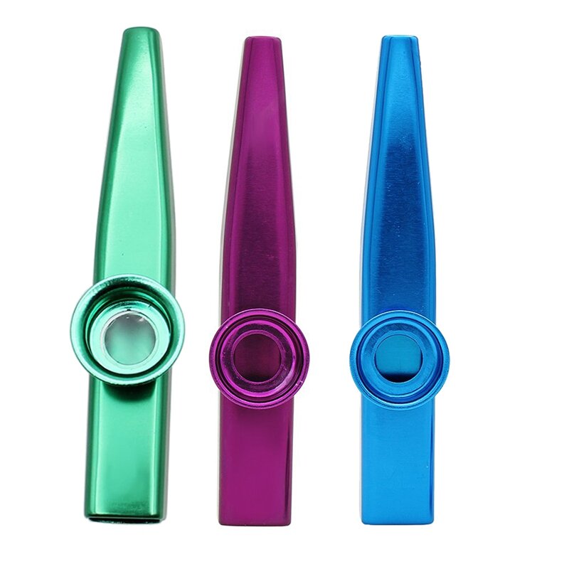 Kazoo métal en alliage d'aluminium avec 5 pièces cadeaux diaphragme de flûte pour enfants amateurs de musique, vert & violet & bleu (3 ensembles)