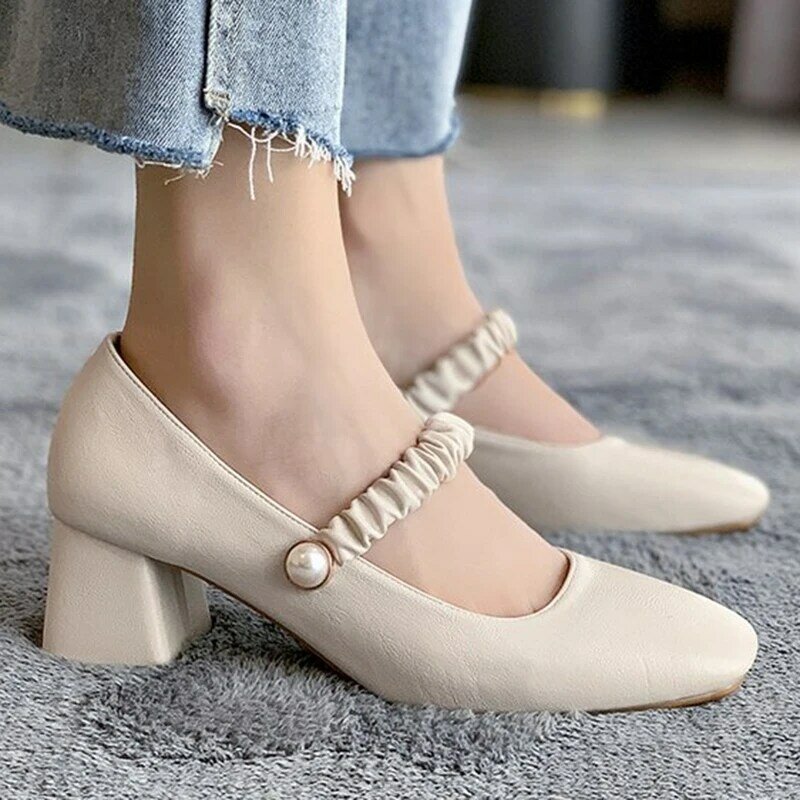 JMPRS Pearl Straps Med Heels Mary Jane Shoes for Women 2022 Autumn Slip on Square Toe Pumps Woman Thick Heeled Ladies Shoes