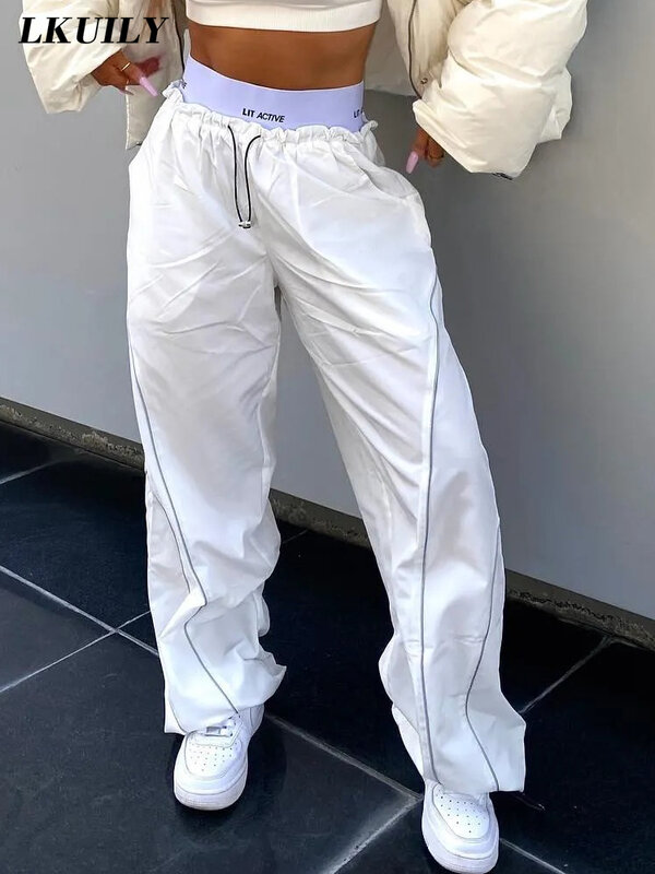 Białe workowate spodnie Cargo damskie luźna szeroka nogawka Hippie modne spodnie casualowe w stylu Streetwear spodnie w niskiej talii kontrastujące scięgi dresowe