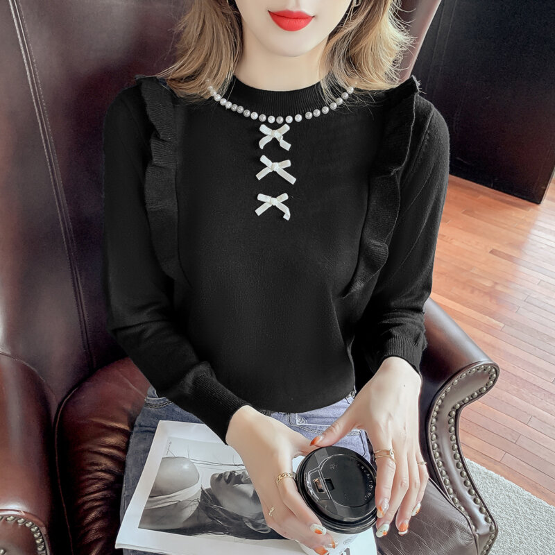 Women Clothes Knitted Sweater Splicing Ruffle Beading Long Sleeve Autumn Winter Bowknot Pullover Ladies Tops Jumper Sueter 606E