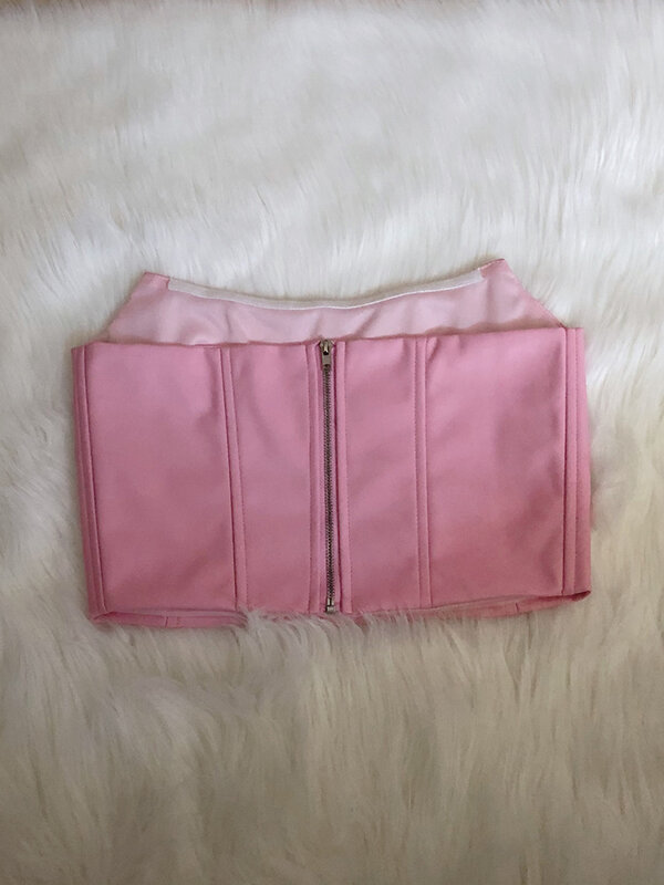 Alta qualidade verão bodycon parte superior das mulheres fishbone forrado mini rosa couro do plutônio superior sexy colheita moda senhora clubwear festa 24cm