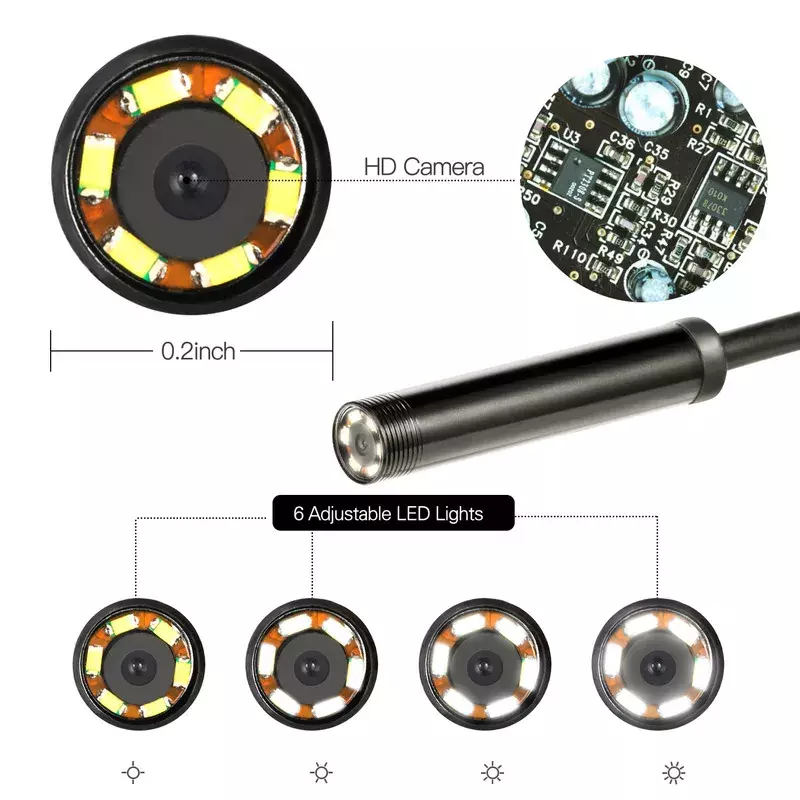 Kamera endoskopowa IP67 7mm, elastyczna, wodoodporna, mikro USB, boroskop inspekcyjny, do Androida, pc, notebooka, 6 świecących diod, regulowana