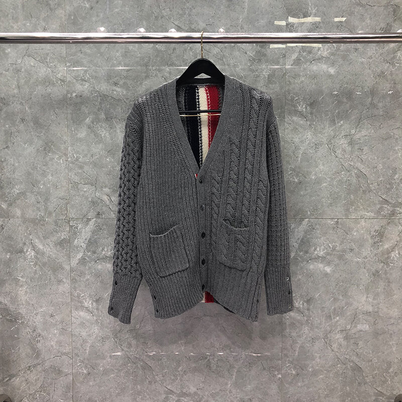 TB THOM-cárdigan con parte delantera abierta para hombre, suéter ligero, disponible en talla grande, color gris, Tweed, Filey, Stitch, parte trasera central