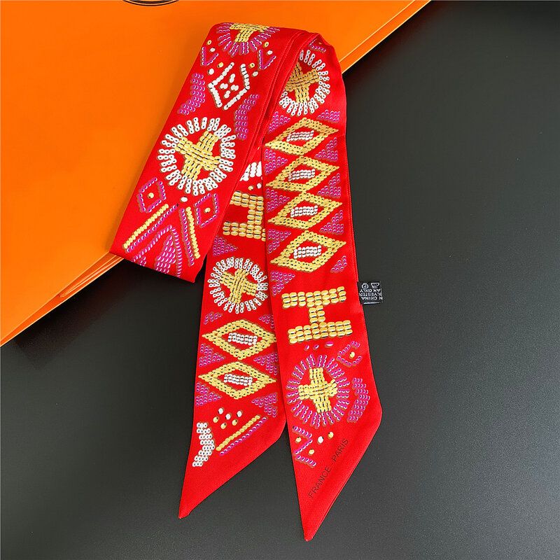 Silk Scarf Small Gemstone Letter Print Women Head Scarf Brand Small Tie Handle Bag Ribbon Small Long Scarves
