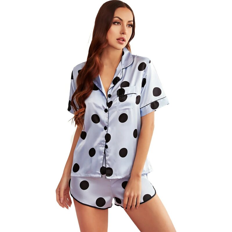 Womens loungewear pjs polka dots nightwear botão para baixo cetim pijamas conjunto
