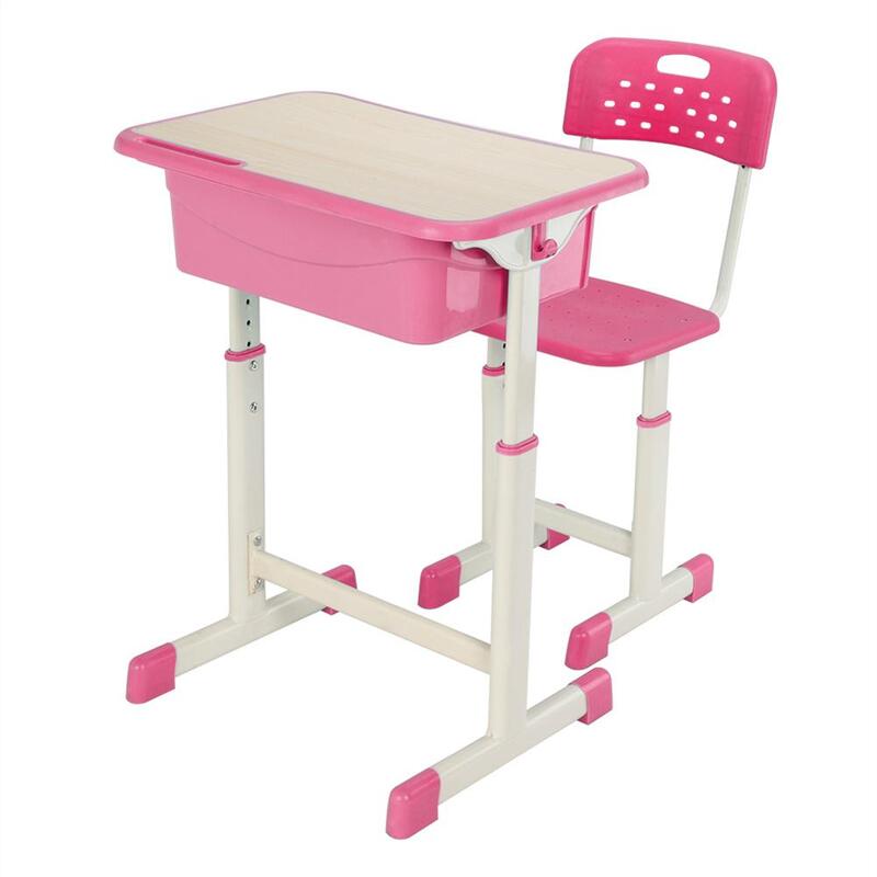 US Stock 1 Set Student  Table  Chair  Set  B White Paint Wood Grain Surface Study Desk For Home Schooling(60x40x(63-75)cm)