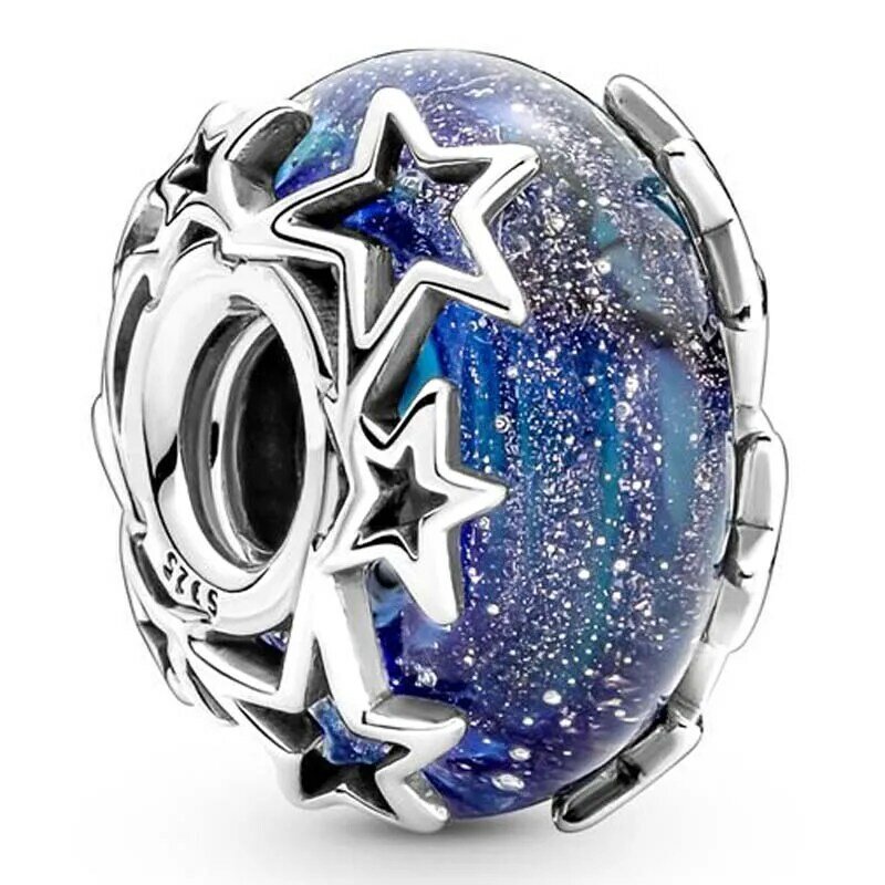 Azul estrelas ampliadas amp galaxy tree crescente lua corrente de segurança charme 925 prata esterlina contas caber pandora pulseira jóias diy