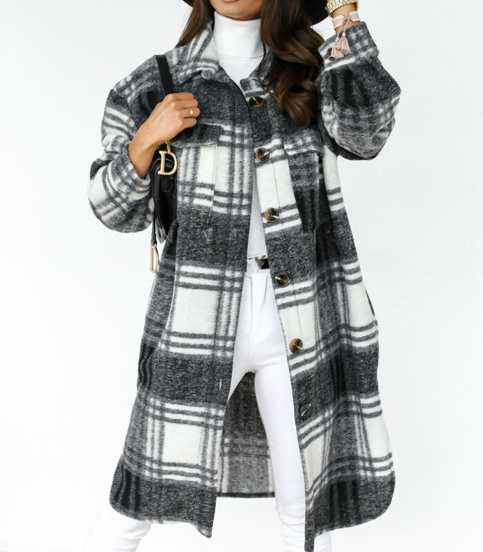 Женская длинная клетчатая куртка, Повседневная теплая куртка большого размера с отложным воротником, весна-осень-зима 2022