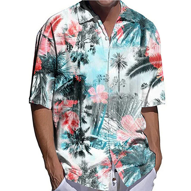 Fashion Men Shirts Oversized Casual Shirt Leaf Print Half Sleeve Tops Mens Clothes Hawaiian Breathable Cardigan Blouses High-End