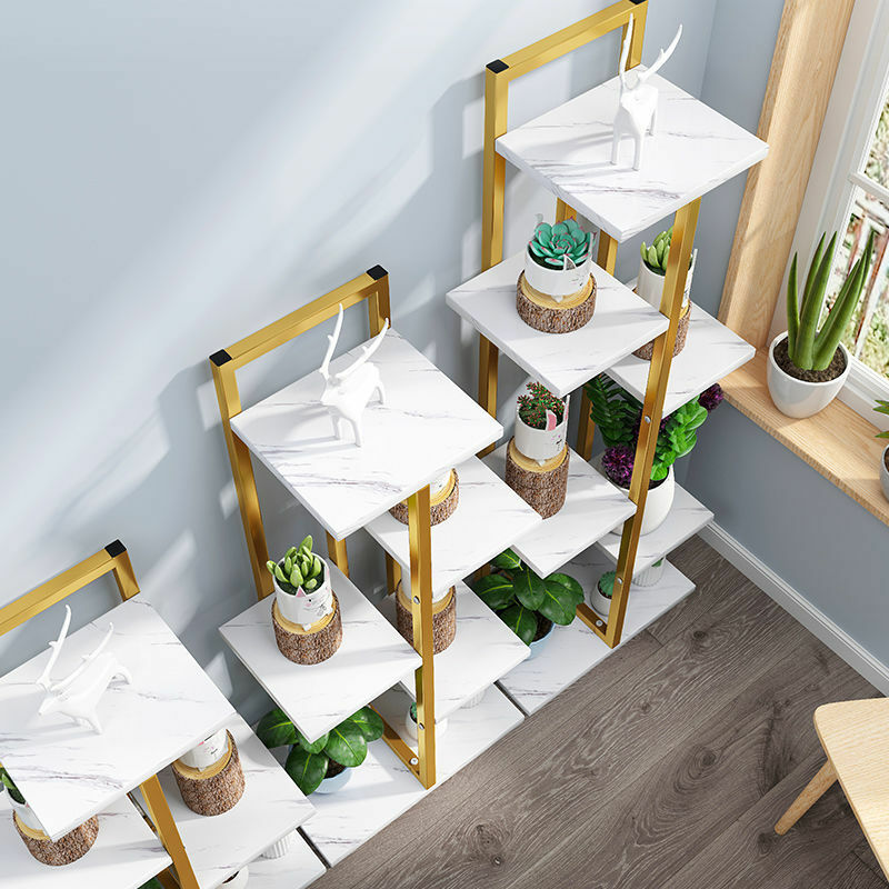 Soporte de flores nórdico de hierro forjado multicapa para interiores, sala de estar de pie para soporte de flores, almacenamiento, balcón, estante de pared de madera