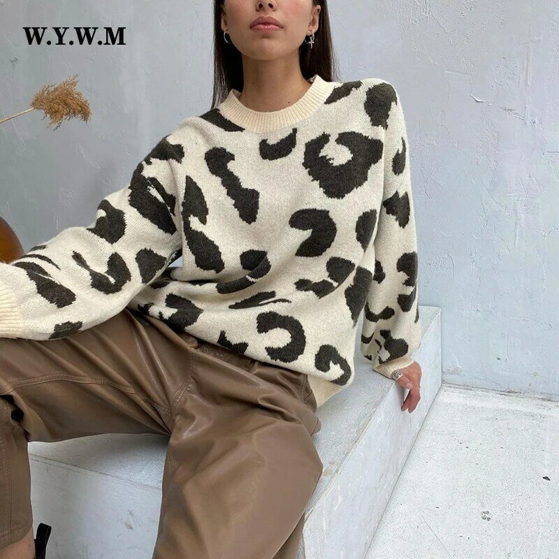 WYWM 2023 Winter New Leopard Print Sweater Women Basic Loose Knitted O-neck Pullovers Ladies Oversize Warm Female Clothing