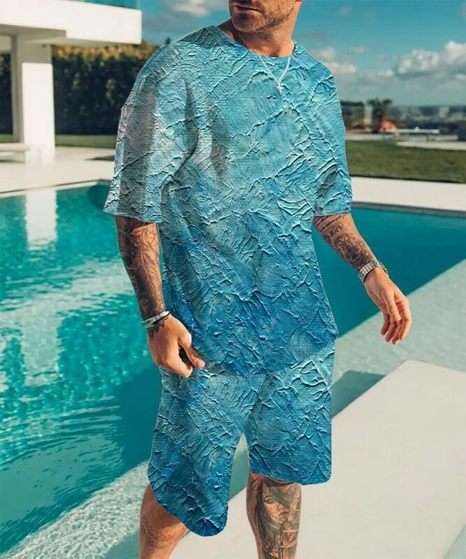 Kaos Ukuran Besar Hawaii Pria + Celana Pendek Pakaian Olahraga Mode 2 Potong Baju Jalan Pantai Setelan Pria Musim Panas