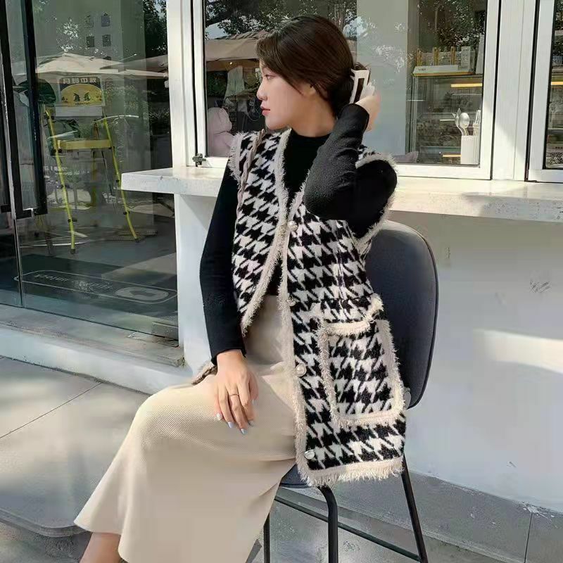 เสื้อผู้หญิง Vintage Vintage Houndstooth หญิงเกาหลี Elegant Casual แจ็คเก็ต Outwear Vintage All-Match Waistcoat